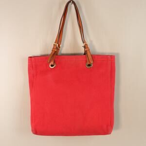 Michael Kors Handbag Women Med Red Canvas Tote Leather Trim Purse Shoulder Bag